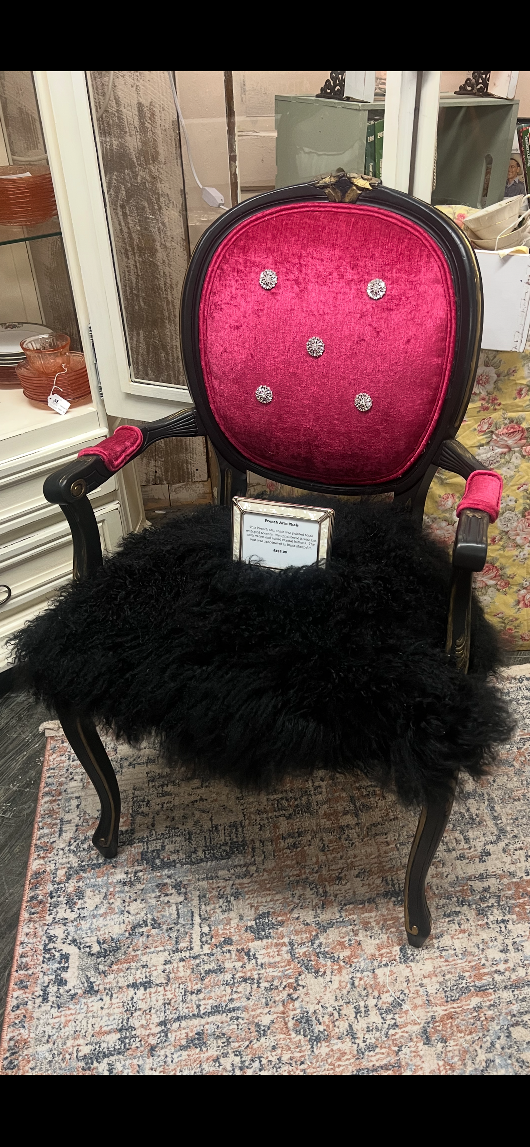 Vintage French Arm Chair Painted black wit gold and upholstered in hot pink velvet