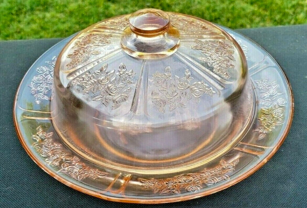 Cabbage Rose Covered Butter Dish Pink Depression Glass