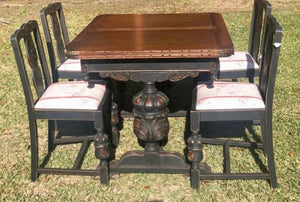 Refinished, Painted & Upholstered English Dining Table & 4 Chairs