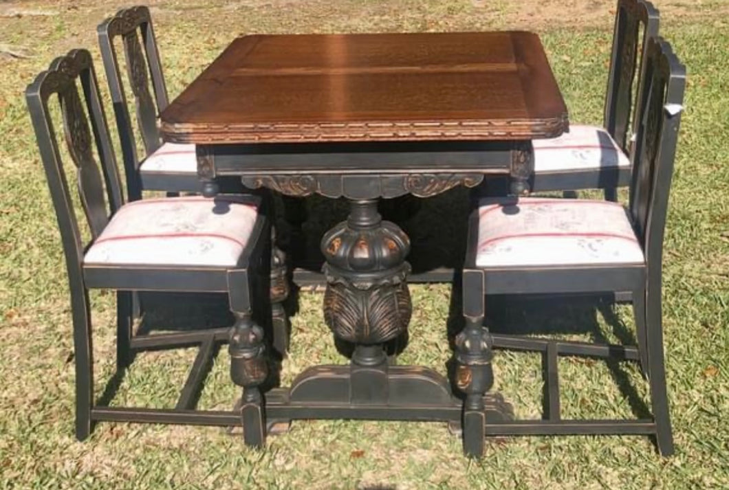 Refinished, Painted & Upholstered English Dining Table & 4 Chairs