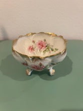 Load image into Gallery viewer, Victorian 3-Footed Hand Painted Pink &amp; Green Floral Roses Decorative Bowl with Gold Rim Germany
