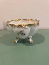 Load image into Gallery viewer, Victorian 3-Footed Hand Painted Pink &amp; Green Floral Roses Decorative Bowl with Gold Rim Germany

