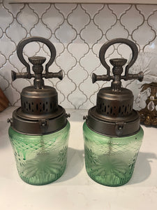 Reproduction Green Glass Light Set - Battery Operated - Estate Sale Find