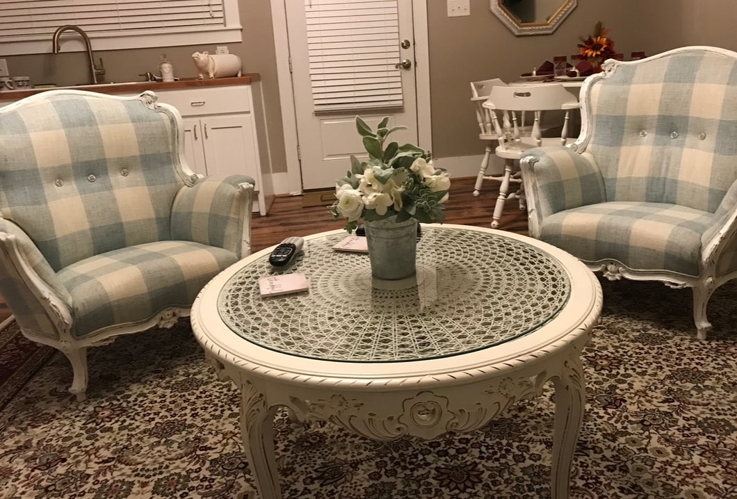 Upholstered French Chairs & Painted Coffee Table