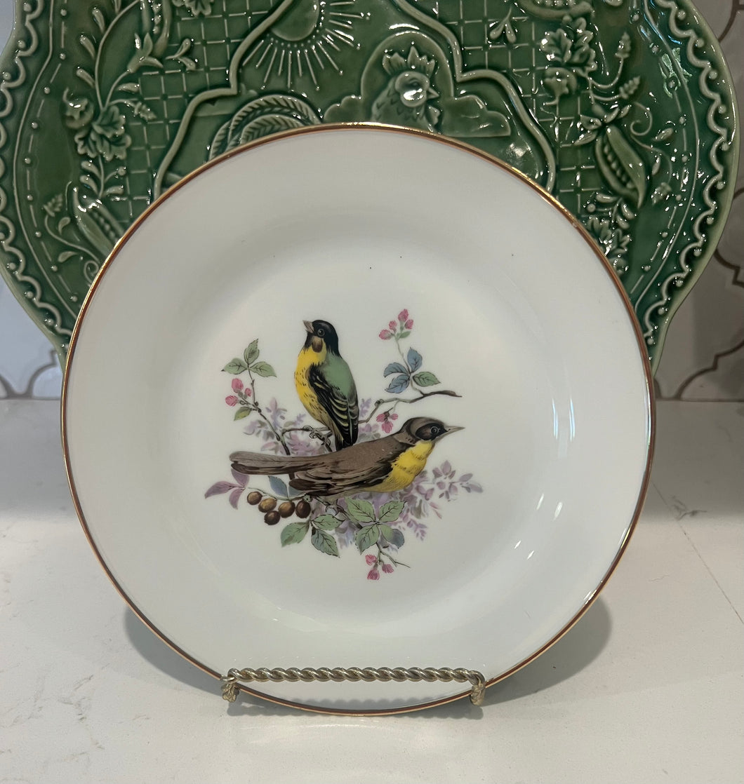 1930's JKW Germany Handpainted Porcelain Floral Bird Plate with gold rim