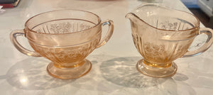 Cabbage Rose Sugar and Creamer Set Pink Depression Glass