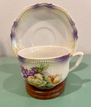 Load image into Gallery viewer, Victorian Hand Painted Cup and Saucer with Wood Stand German
