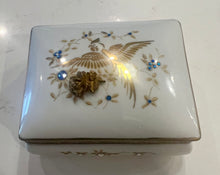 Load image into Gallery viewer, Vintage Porcelain Brass Dresser Box with Rhinestones &amp; Bird Design
