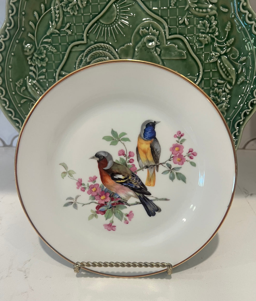 1930's JKW Germany Handpainted Porcelain Floral Bird Plate with gold rim