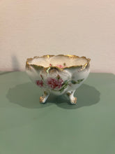 Load image into Gallery viewer, Victorian 3-Footed Hand Painted Pink &amp; Green Floral Roses Decorative Bowl with Gold Rim Germany
