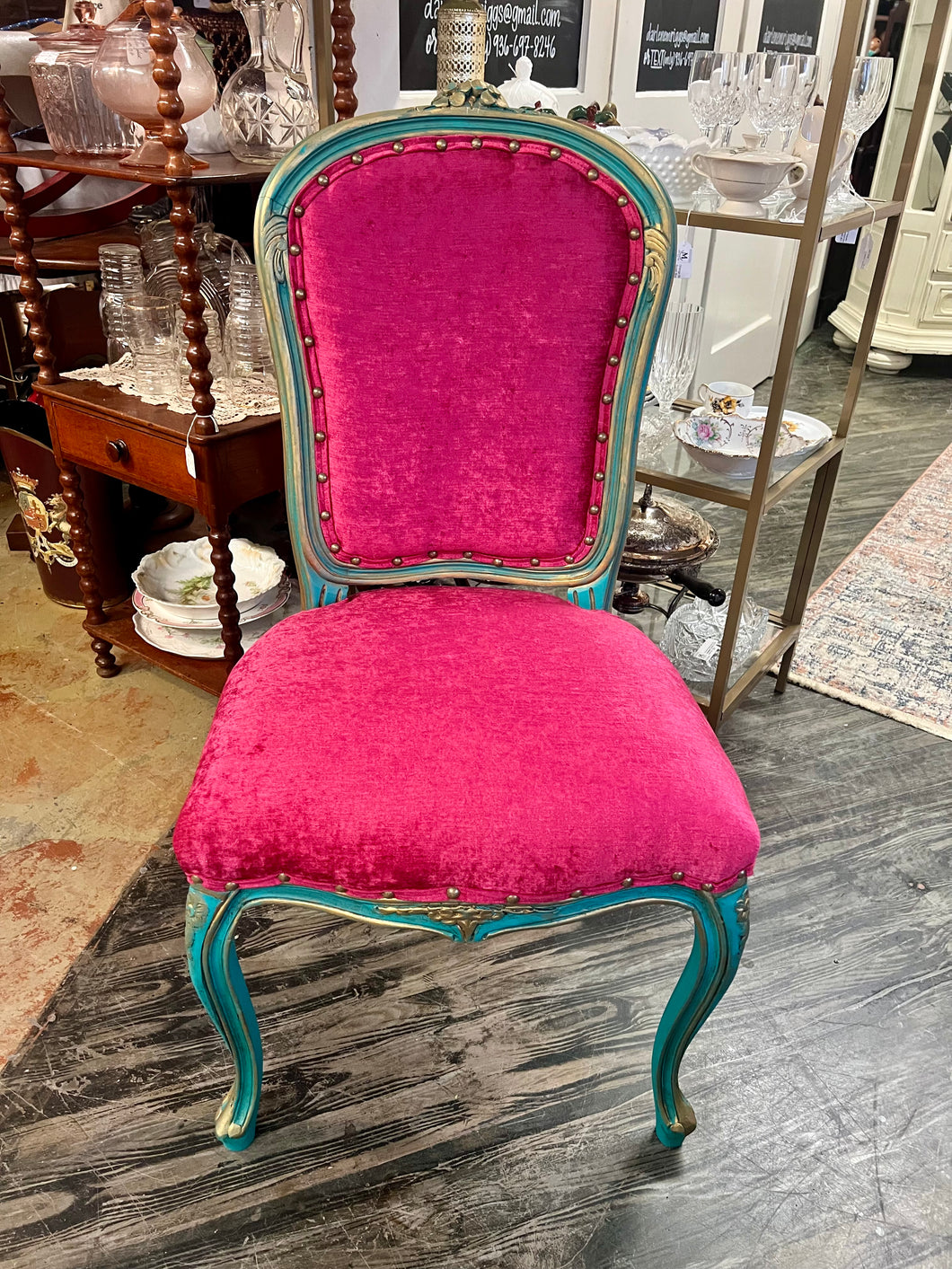 Turquoise & Gold French Chair with Hot Pink Velvet and gold decorative tacks