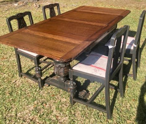 Refinished, Painted & Upholstered English Dining Table & 4 Chairs