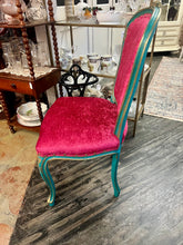 Load image into Gallery viewer, Turquoise &amp; Gold French Chair with Hot Pink Velvet and gold decorative tacks
