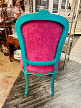 Load image into Gallery viewer, Turquoise &amp; Gold French Chair with Hot Pink Velvet and gold decorative tacks
