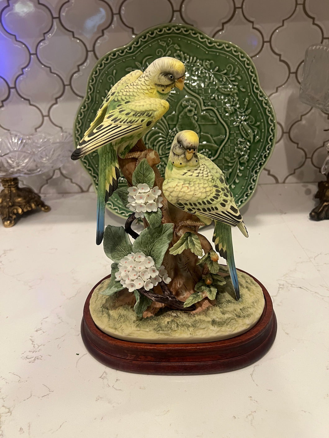Pair of Green Parakeets Figurine with Wood Stand by Andrea Sadek