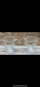 1930's Thistle Etched Glass Footed Creamer & Sugar Bowl Set with Flowering Wheat Design