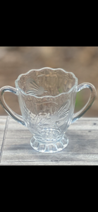 1930's Thistle Etched Glass Footed Creamer & Sugar Bowl Set with Flowering Wheat Design