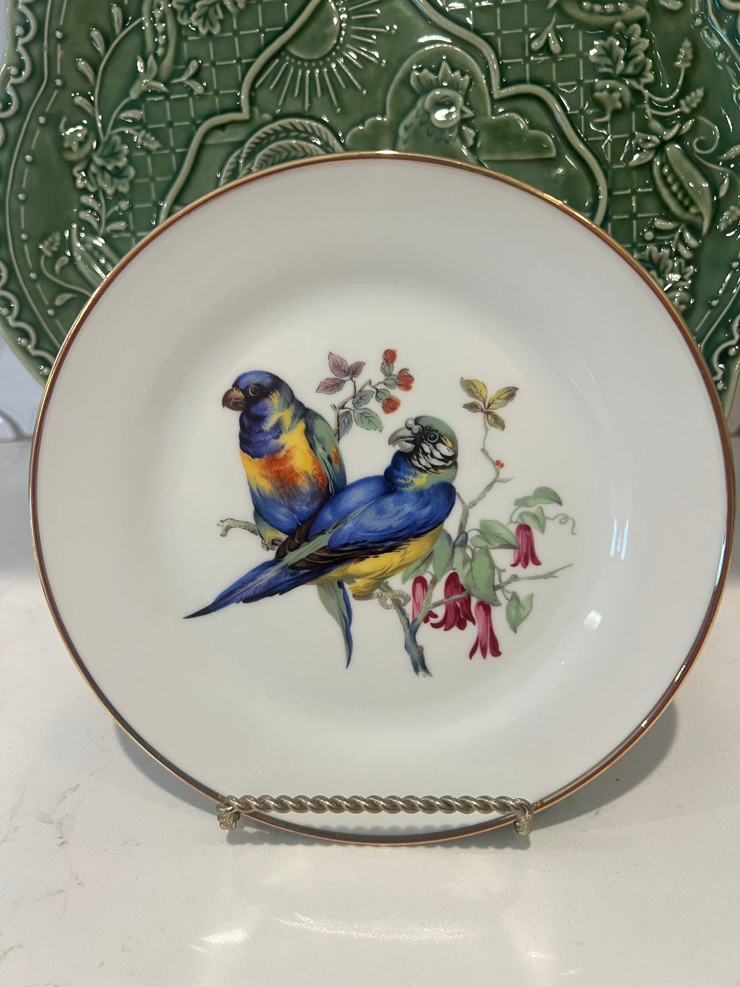 1930's JKW Germany Handpainted Porcelain Floral Bird Plate with gold rim